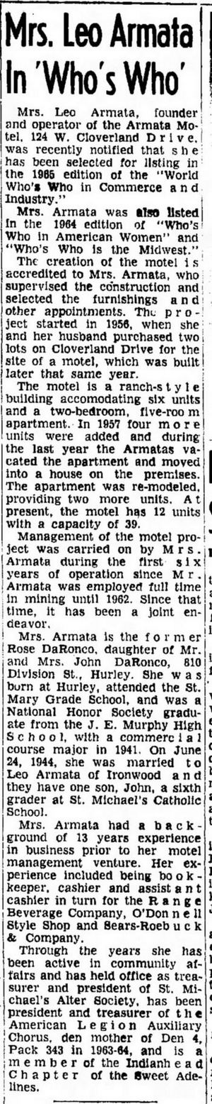 Quinn Motel (Armata Motel) - June 29 1965 Mrs Armata In Whos Who (newer photo)